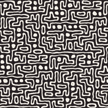 Vektör sorunsuz siyah ve beyaz düzensiz labirent desen yuvarlanır. Soyut el geometrik arka plan çekilmiş