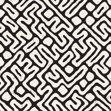 Vektör sorunsuz siyah ve beyaz düzensiz labirent desen yuvarlanır. Soyut el geometrik arka plan çekilmiş