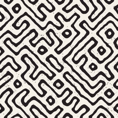 Vektör sorunsuz siyah ve beyaz düzensiz labirent desen yuvarlanır. Soyut el geometrik arka plan çekilmiş