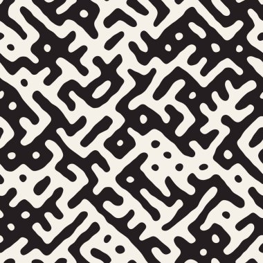 Vektör sorunsuz siyah ve beyaz düzensiz labirent desen yuvarlanır. Soyut el geometrik arka plan çekilmiş