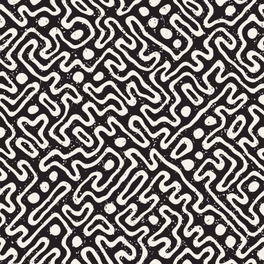 Vektör sorunsuz siyah ve beyaz düzensiz labirent desen yuvarlanır. Soyut el geometrik arka plan çekilmiş