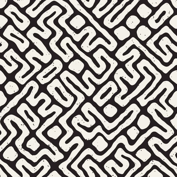 Vektör sorunsuz siyah ve beyaz düzensiz labirent desen yuvarlanır. Soyut el geometrik arka plan çekilmiş