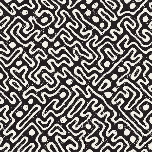Vektör sorunsuz siyah ve beyaz düzensiz labirent desen yuvarlanır. Soyut el geometrik arka plan çekilmiş