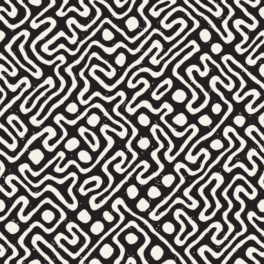 Elle çizilmiş stil soyut seamless modeli siyah beyaz. Retro serbest çentikli çizgiler doku.