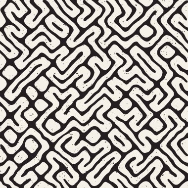 Vektör sorunsuz siyah ve beyaz düzensiz labirent desen yuvarlanır. Soyut el geometrik arka plan çekilmiş