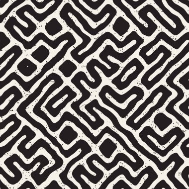 Vektör sorunsuz siyah ve beyaz düzensiz labirent desen yuvarlanır. Soyut el geometrik arka plan çekilmiş