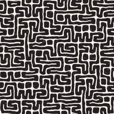 Vektör sorunsuz siyah ve beyaz düzensiz labirent desen yuvarlanır. Soyut el geometrik arka plan çekilmiş