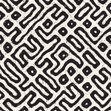 Vektör sorunsuz siyah ve beyaz düzensiz labirent desen yuvarlanır. Soyut el geometrik arka plan çekilmiş