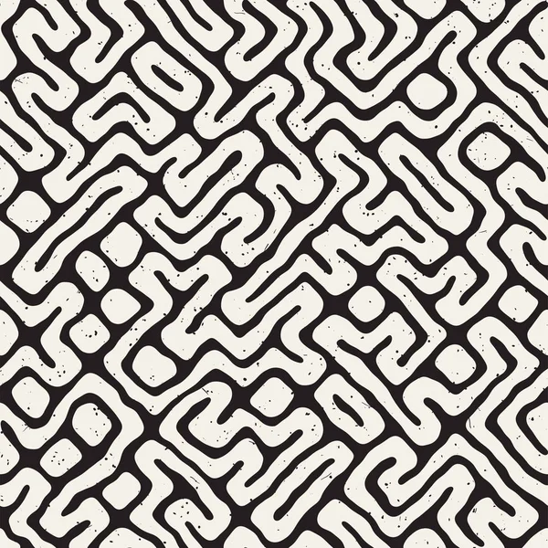 Vector Sem Costura Preto Branco Arredondado Padrão Labirinto Irregular Abstrato — Vetor de Stock