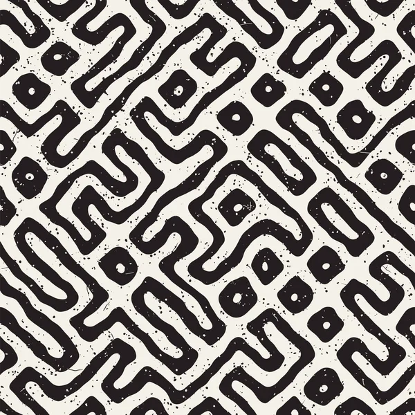 Vektör sorunsuz siyah ve beyaz düzensiz labirent desen yuvarlanır. Soyut el geometrik arka plan çekilmiş