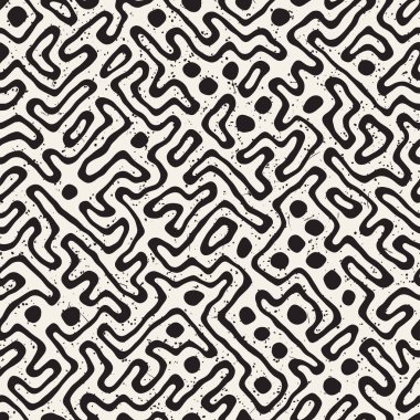 Vektör sorunsuz siyah ve beyaz düzensiz labirent desen yuvarlanır. Soyut el geometrik arka plan çekilmiş