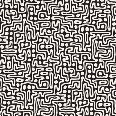 Vektör sorunsuz siyah ve beyaz düzensiz labirent desen yuvarlanır. Soyut el geometrik arka plan çekilmiş