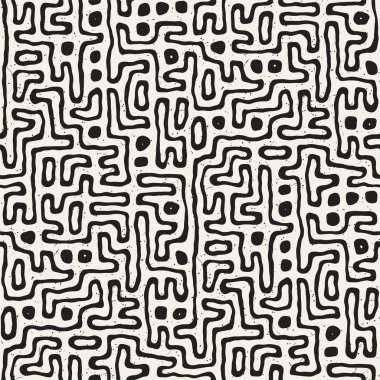 Vektör sorunsuz siyah ve beyaz düzensiz labirent desen yuvarlanır. Soyut el geometrik arka plan çekilmiş