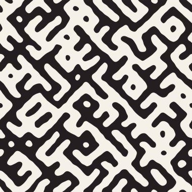 Vektör sorunsuz siyah ve beyaz düzensiz labirent desen yuvarlanır. Soyut el geometrik arka plan çekilmiş