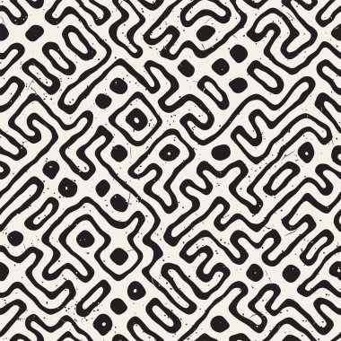 Vektör sorunsuz siyah ve beyaz düzensiz labirent desen yuvarlanır. Soyut el geometrik arka plan çekilmiş