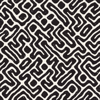 Vektör sorunsuz siyah ve beyaz düzensiz labirent desen yuvarlanır. Soyut el geometrik arka plan çekilmiş