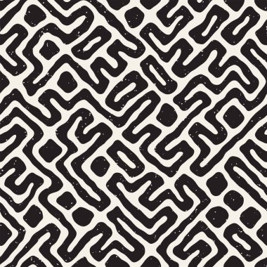 Vektör sorunsuz siyah ve beyaz düzensiz labirent desen yuvarlanır. Soyut el geometrik arka plan çekilmiş
