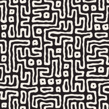 Vektör sorunsuz siyah ve beyaz düzensiz labirent desen yuvarlanır. Soyut el geometrik arka plan çekilmiş