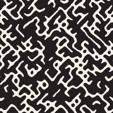 Vektör sorunsuz siyah ve beyaz düzensiz labirent desen yuvarlanır. Soyut el geometrik arka plan çekilmiş