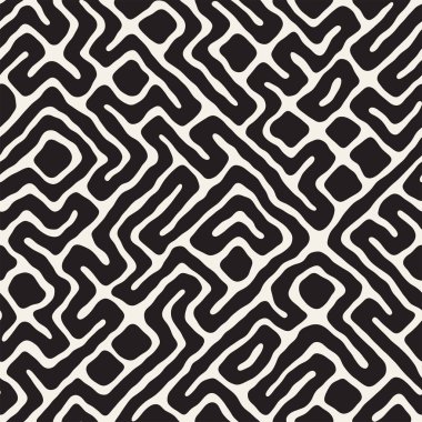Vektör sorunsuz siyah ve beyaz düzensiz labirent desen yuvarlanır. Soyut el geometrik arka plan çekilmiş
