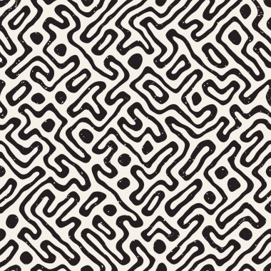 Vektör sorunsuz siyah ve beyaz düzensiz labirent desen yuvarlanır. Soyut el geometrik arka plan çekilmiş