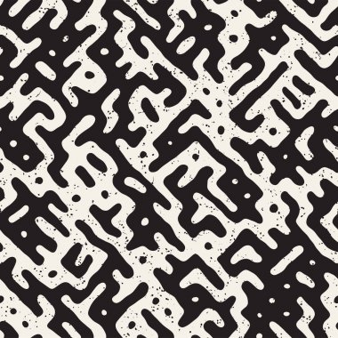 Vektör sorunsuz siyah ve beyaz düzensiz labirent desen yuvarlanır. Soyut el geometrik arka plan çekilmiş