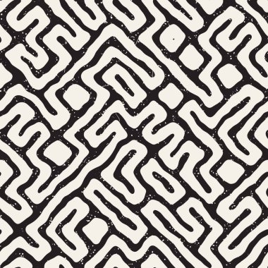 Vektör sorunsuz siyah ve beyaz düzensiz labirent desen yuvarlanır. Soyut el geometrik arka plan çekilmiş