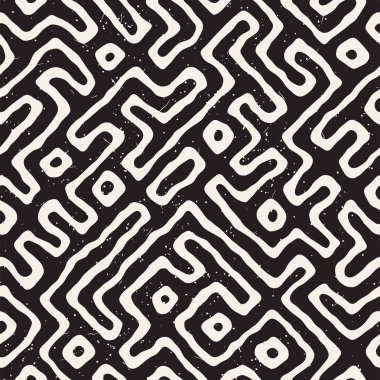 Vektör sorunsuz siyah ve beyaz düzensiz labirent desen yuvarlanır. Soyut el geometrik arka plan çekilmiş