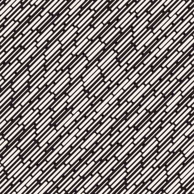 Siyah ve beyaz düzensiz kesik çizgiler desen yuvarlanır. Modern soyut vektör sorunsuz arka plan. Şık kaotik dikdörtgen çizgili Mosai