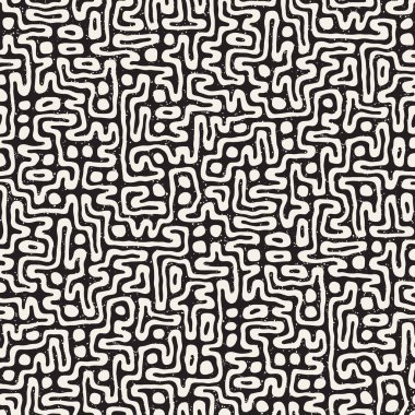 Vektör sorunsuz siyah ve beyaz düzensiz labirent desen yuvarlanır. Soyut el geometrik arka plan çekilmiş