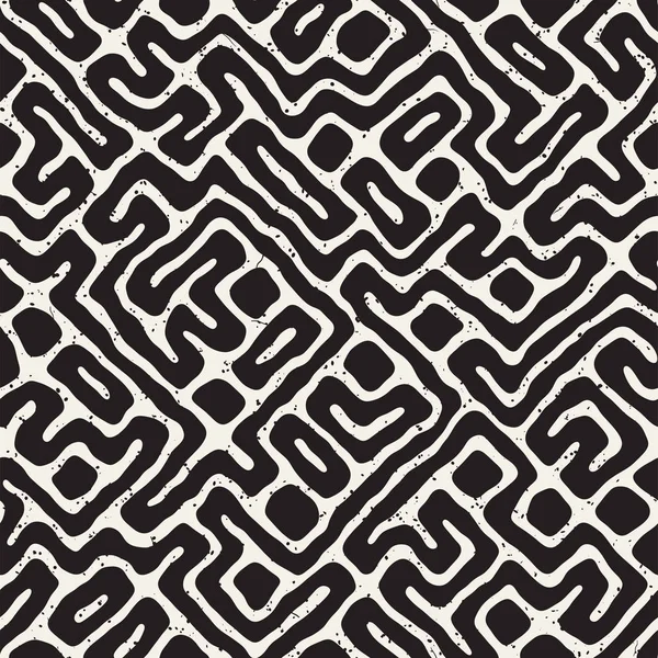 Vektör sorunsuz siyah ve beyaz düzensiz labirent desen yuvarlanır. Soyut el geometrik arka plan çekilmiş