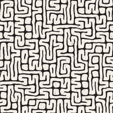 Vektör sorunsuz siyah ve beyaz düzensiz labirent desen yuvarlanır. Soyut el geometrik arka plan çekilmiş