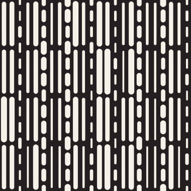 Siyah ve beyaz düzensiz kesik çizgiler desen yuvarlanır. Modern soyut vektör sorunsuz arka plan. Şık kaotik dikdörtgen çizgili Mosai