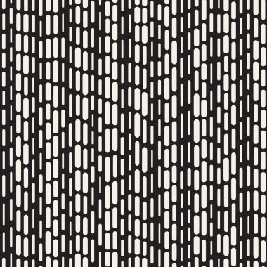 Siyah ve beyaz düzensiz kesik çizgiler desen yuvarlanır. Modern soyut vektör sorunsuz arka plan. Şık kaotik dikdörtgen çizgili Mosai