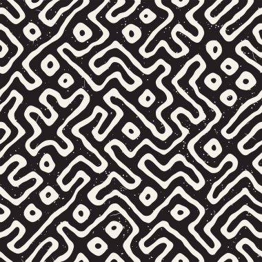 Vektör sorunsuz siyah ve beyaz düzensiz labirent desen yuvarlanır. Soyut el geometrik arka plan çekilmiş