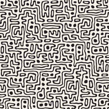 Vektör sorunsuz siyah ve beyaz düzensiz labirent desen yuvarlanır. Soyut el geometrik arka plan çekilmiş