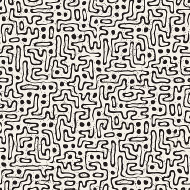 Vektör sorunsuz siyah ve beyaz düzensiz labirent desen yuvarlanır. Soyut el geometrik arka plan çekilmiş