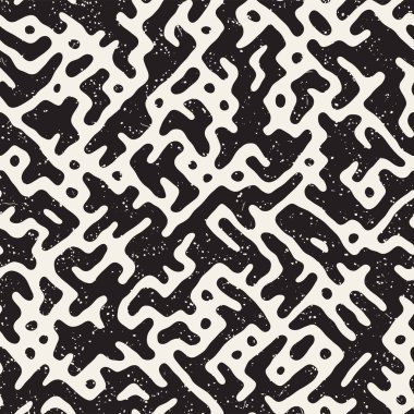 Vektör sorunsuz siyah ve beyaz düzensiz labirent desen yuvarlanır. Soyut el geometrik arka plan çekilmiş