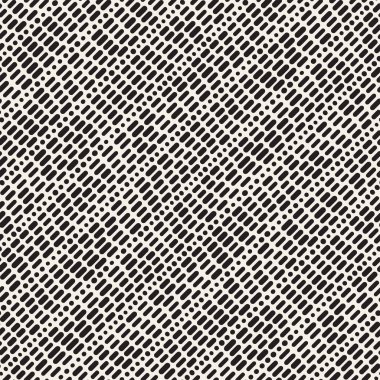 Siyah ve beyaz düzensiz kesik çizgiler desen yuvarlanır. Modern soyut vektör sorunsuz arka plan. Şık kaotik dikdörtgen çizgili Mosai