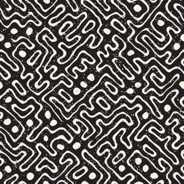Vektör sorunsuz siyah ve beyaz düzensiz labirent desen yuvarlanır. Soyut el geometrik arka plan çekilmiş
