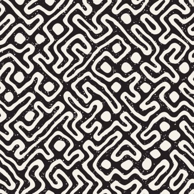 Vektör sorunsuz siyah ve beyaz düzensiz labirent desen yuvarlanır. Soyut el geometrik arka plan çekilmiş