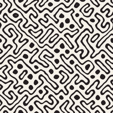 Vektör sorunsuz siyah ve beyaz düzensiz labirent desen yuvarlanır. Soyut el geometrik arka plan çekilmiş