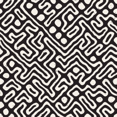 Vektör sorunsuz siyah ve beyaz düzensiz labirent desen yuvarlanır. Soyut el geometrik arka plan çekilmiş