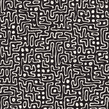 Vektör sorunsuz siyah ve beyaz düzensiz labirent desen yuvarlanır. Soyut el geometrik arka plan çekilmiş