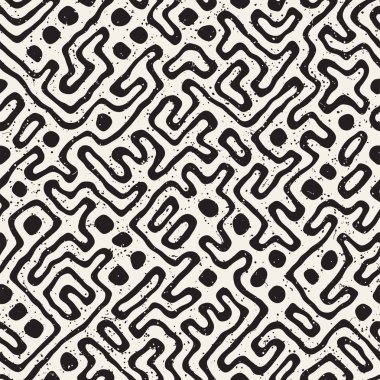 Vektör sorunsuz siyah ve beyaz düzensiz labirent desen yuvarlanır. Soyut el geometrik arka plan çekilmiş