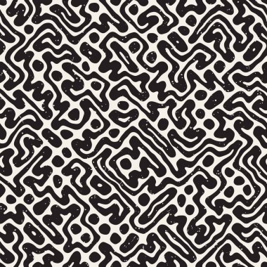 Vektör sorunsuz siyah ve beyaz düzensiz labirent desen yuvarlanır. Soyut el geometrik arka plan çekilmiş