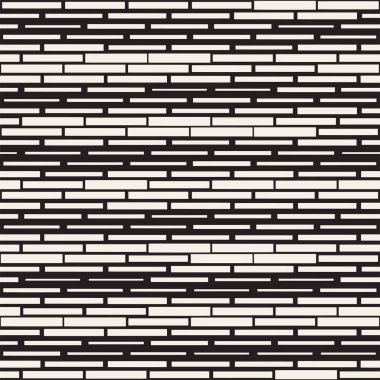 Siyah ve beyaz düzensiz kesik çizgiler desen yuvarlanır. Modern soyut vektör sorunsuz arka plan. Şık kaotik dikdörtgen çizgili Mosai