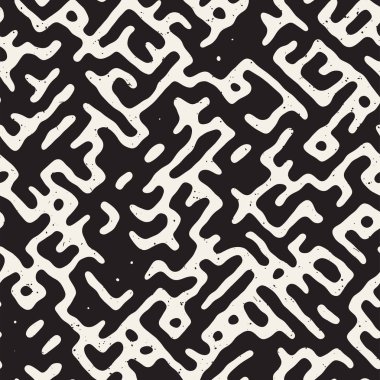 Vektör sorunsuz siyah ve beyaz düzensiz labirent desen yuvarlanır. Soyut el geometrik arka plan çekilmiş