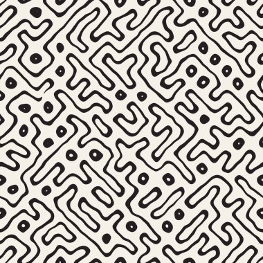 Vektör sorunsuz siyah ve beyaz düzensiz labirent desen yuvarlanır. Soyut el geometrik arka plan çekilmiş