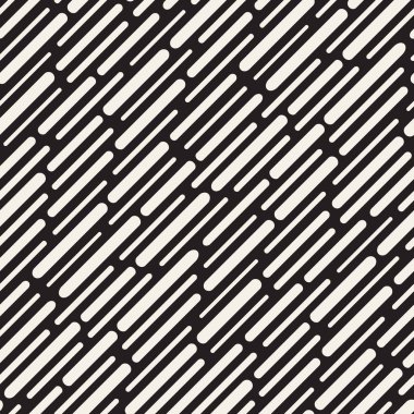 Siyah ve beyaz düzensiz kesik çizgiler desen yuvarlanır. Modern soyut vektör sorunsuz arka plan. Şık kaotik dikdörtgen çizgili Mosai